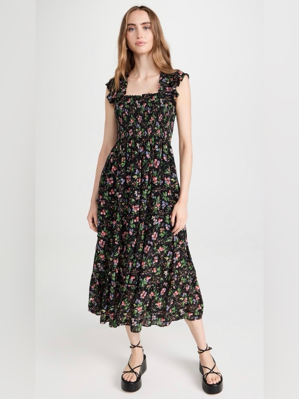 Hill House Ellie Nap Dress XS Berry Floral Black Smocked Midi Ruffle Sleeve